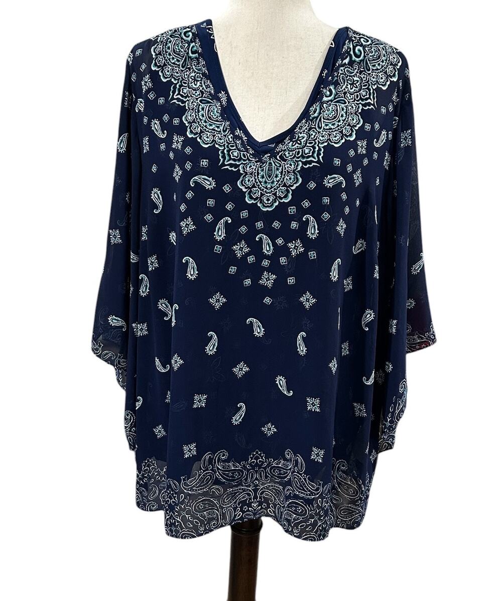 Belle by Kim Gravel Navy & White Sheer Tunic with Matching Tank Plus Size 1X EUC